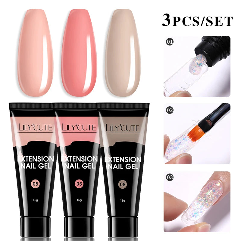 15ml Nail Extension Gel Kit – Soak Off UV Acrylic Gel in White, Clear & Pink for Home or Salon Nail Art