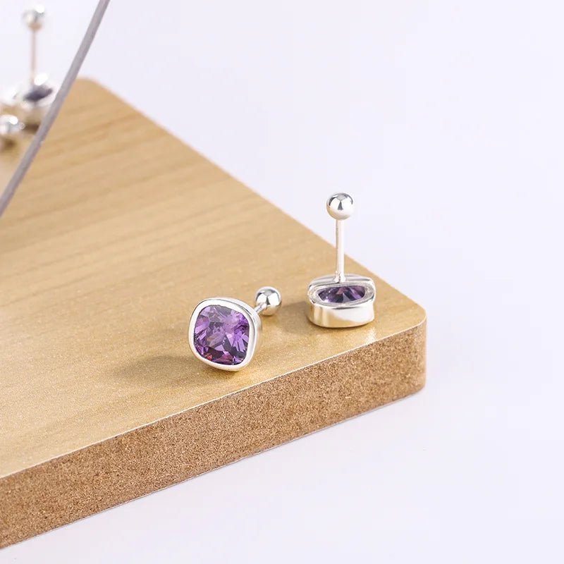 925 Sterling Silver Square Purple Zircon Stud Earrings – Elegant Women’s Piercing Jewelry for Party or Formal Wear