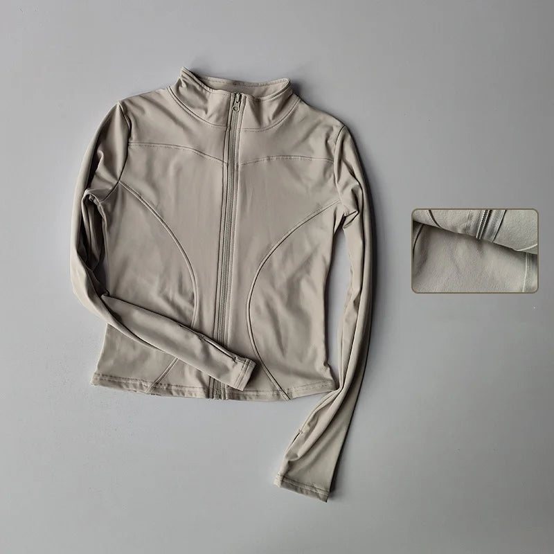Women's Quick-Dry Zip-Up Slim Fit Yoga Jacket – Long Sleeve Stand Collar Outdoor Fitness Top