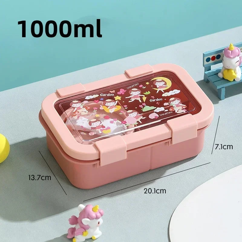 Cartoon Compartment Lunch Box for Kids – Leakproof Bento with Soup Bowl and Utensils, Microwave-Safe Meal Storage