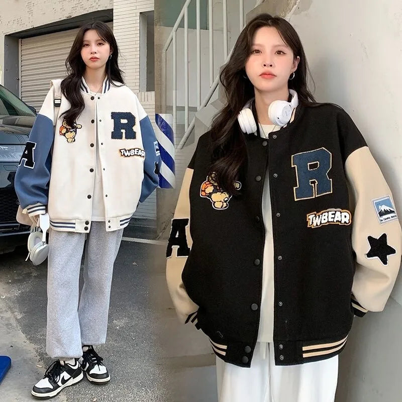 Women's American Retro Padded Baseball Jacket – Autumn/Winter Loose Fit Appliqué Varsity Coat
