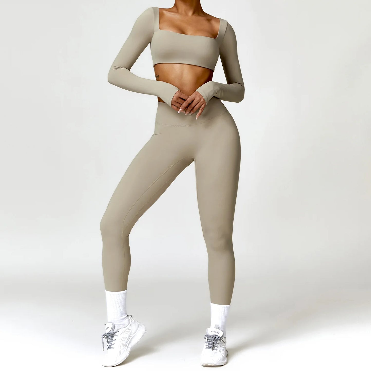 2PCS Quick-Dry Yoga Workout Set – Long Sleeve Top & High Waist Leggings for Women