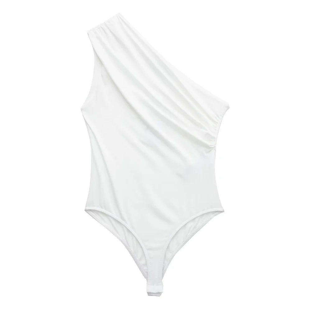 Asymmetric One-Shoulder Bodysuit with Ruched Detail and Snap Closure – Sexy Wide-Strap Clubwear for Women