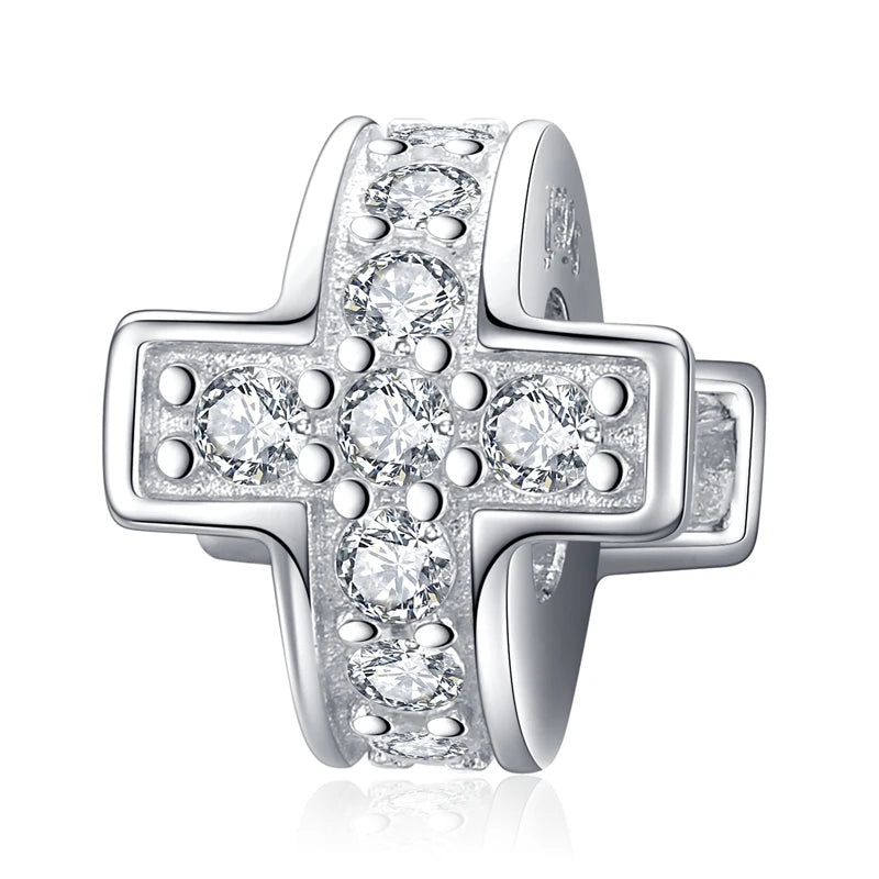 925 Sterling Silver Family Heart Cross Charm – Clear 5A Crystal Bead for Bracelets & Necklaces