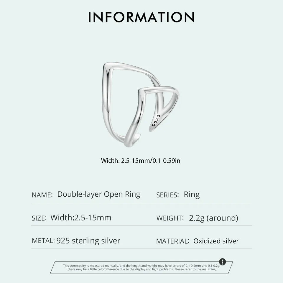 Adjustable V-Shaped Double Layer Ring in 925 Sterling Silver – Trendy Punk-Inspired Cocktail Ring for Women