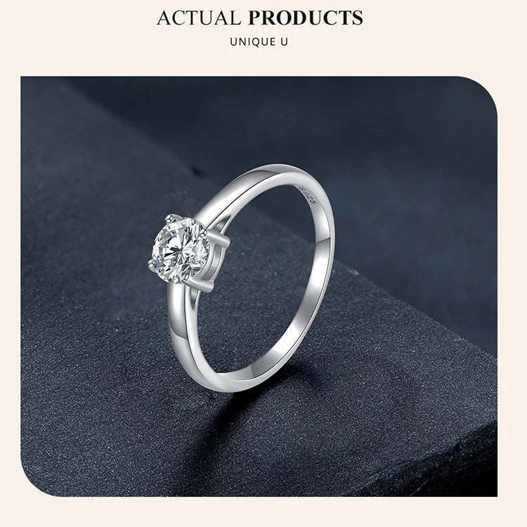 0.6 Carat Round Moissanite Engagement Ring – Platinum Plated 925 Sterling Silver Solitaire with 4-Prong Setting for Women