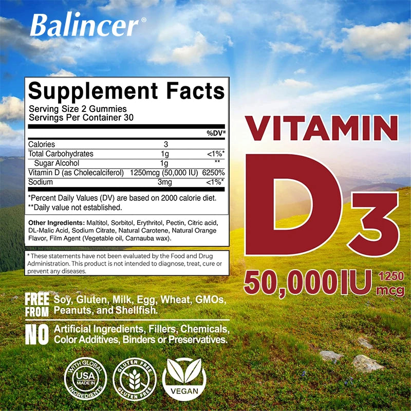 Sugar-Free Vitamin D3 Gummies – Mood, Immunity, Energy & Bone Support – Heart & Joint Health, Red Blood Cell Production – 60 Gummies
