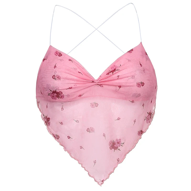 Women's Y2K Pink Floral Mesh Corset Top – Tie-Up Backless Off-Shoulder Crop Camisole for Summer Streetwear
