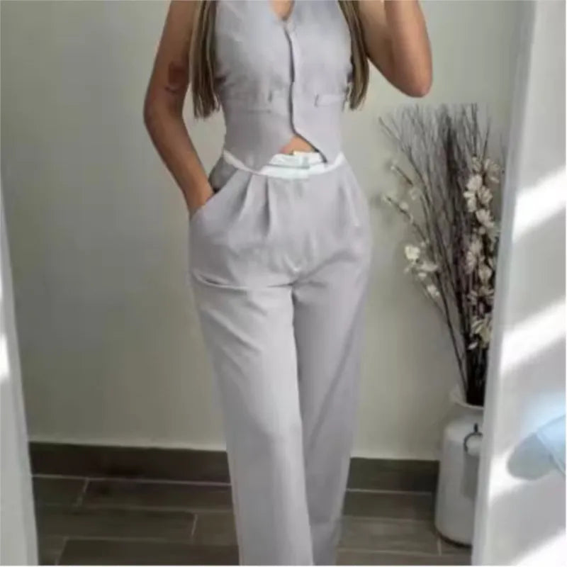 Women's Elegant Two-Piece Set – V-Neck Buttoned Sleeveless Vest & High-Waist Straight Pants with Pockets