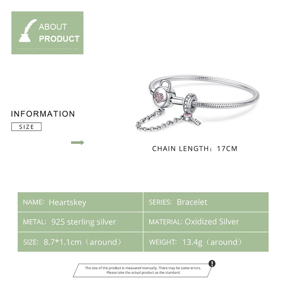 Sterling Silver Snake Chain Charm Bracelet – Pink Heart Lock & Key Design with Zircon Accents for Women