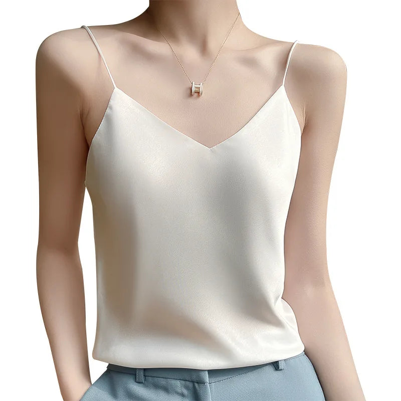 Women's Silky Satin V-Neck Camisole – Lightweight Inner Layer Tank Top for Summer Casual Outfits