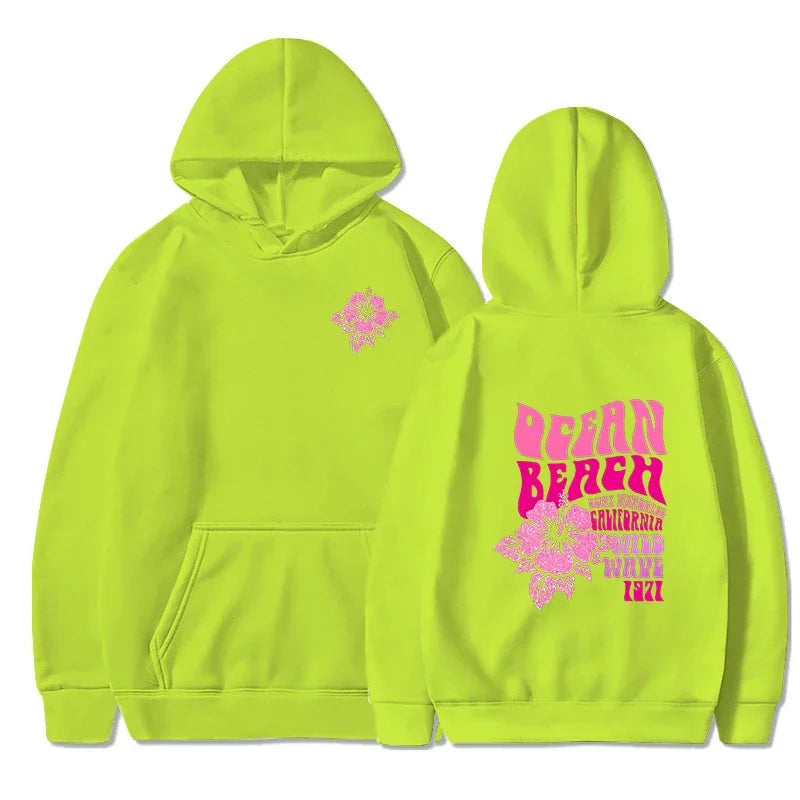 Beach Aesthetic Pink Hoodie with Ocean Flower Slogan – Casual Fleece Pullover Sweatshirt for Women
