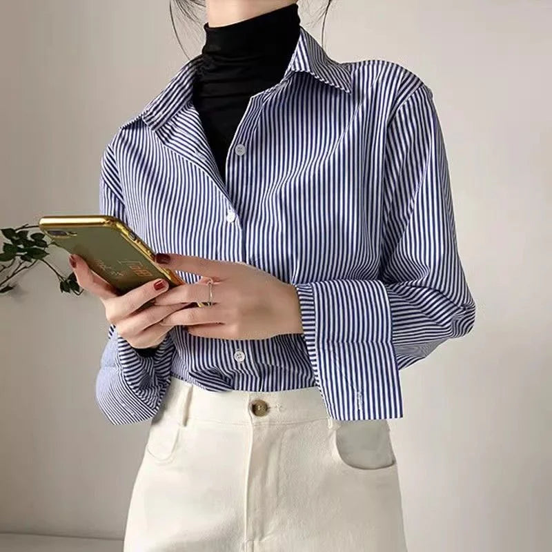 Classic Striped Lantern Sleeve Blouse – Stand Collar Loose Fit Shirt for Women