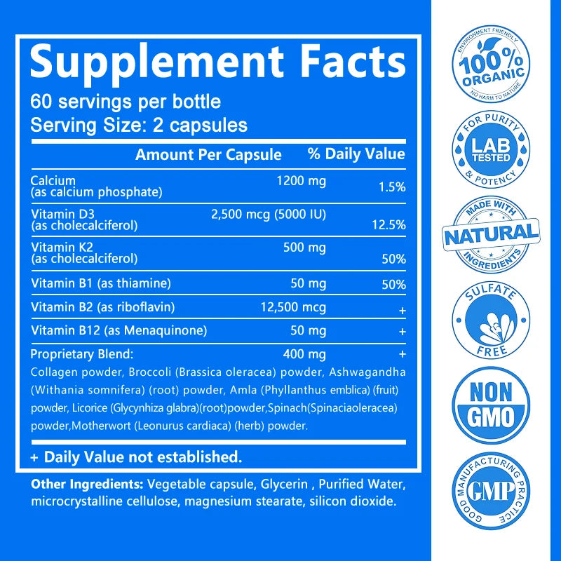Calcium Supplement with Vitamins D3, K2 & B12 Plus Glucosamine Chondroitin – Bone, Teeth & Muscle Health Support – 120 Capsules