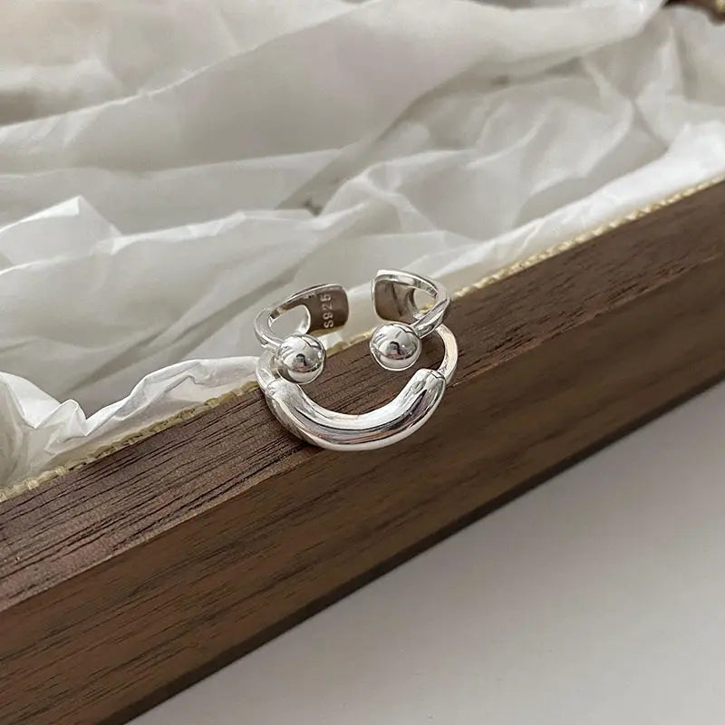 925 Sterling Silver Playful Smiling Face Ball Cocktail Ring for Women – Adjustable Statement Jewelry for Birthday, Party, or Everyday Style