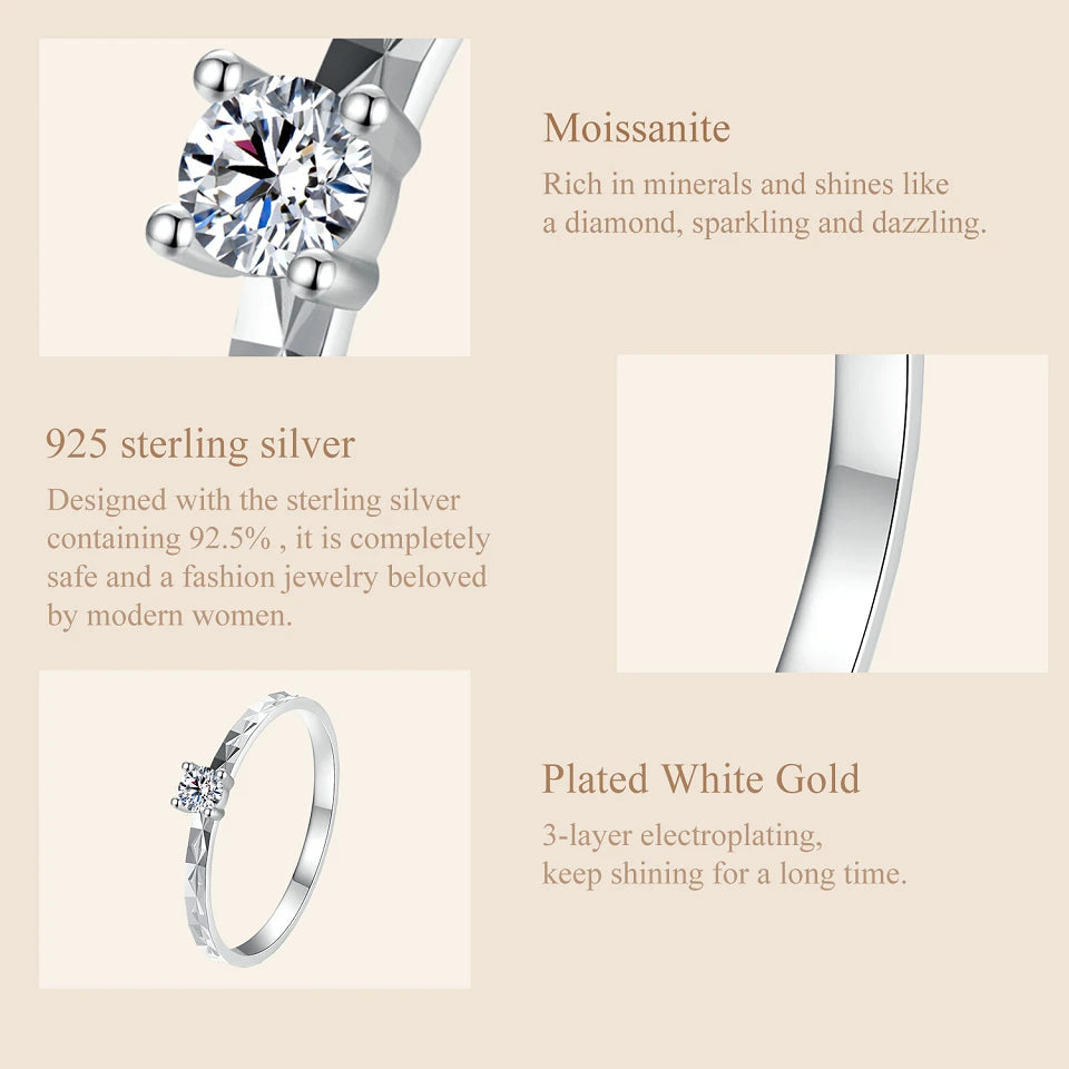 0.1 Carat Round Moissanite Engagement Ring – Prong Set Solitaire on 925 Sterling Silver with White Gold Plating for Women