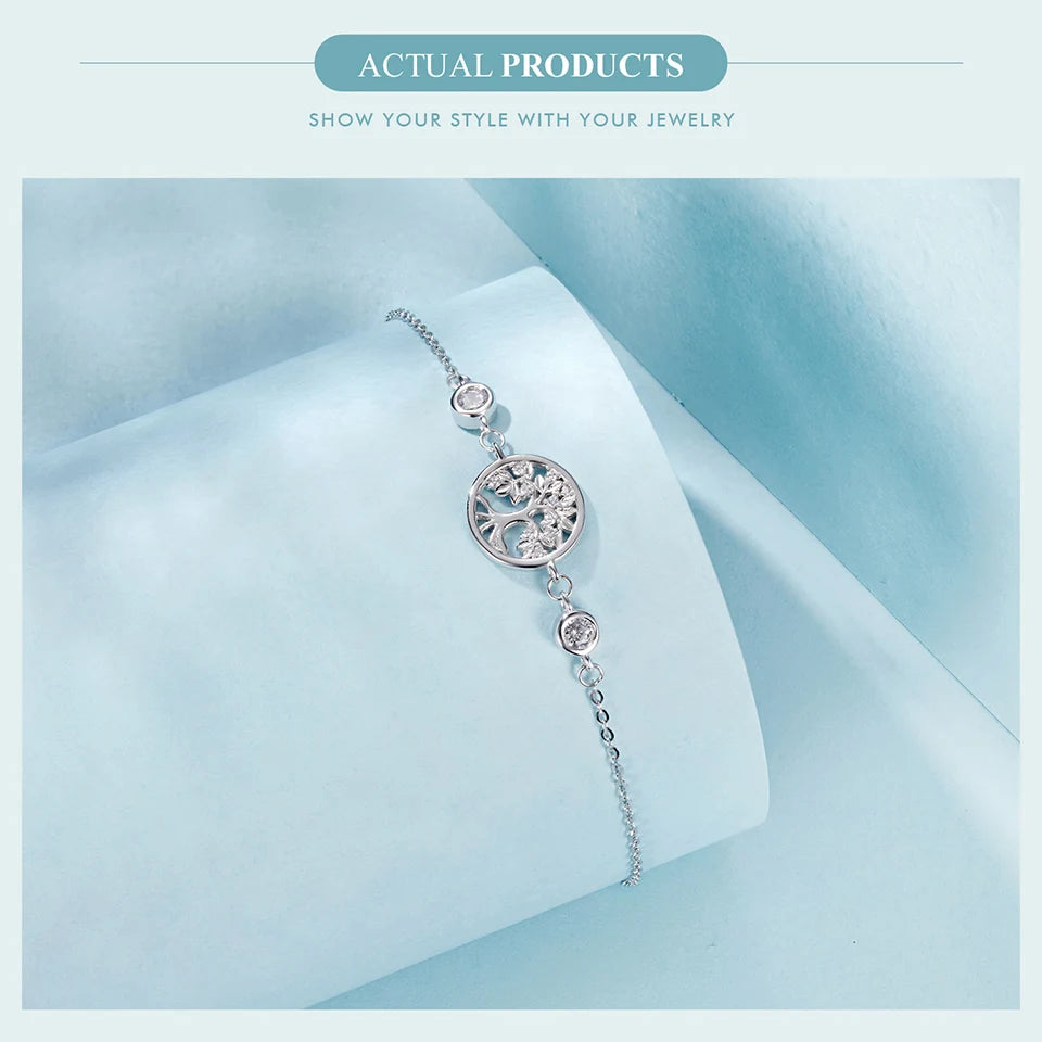 Tree of Life Bracelet – 925 Sterling Silver Adjustable Chain with Zircon Accents for Women