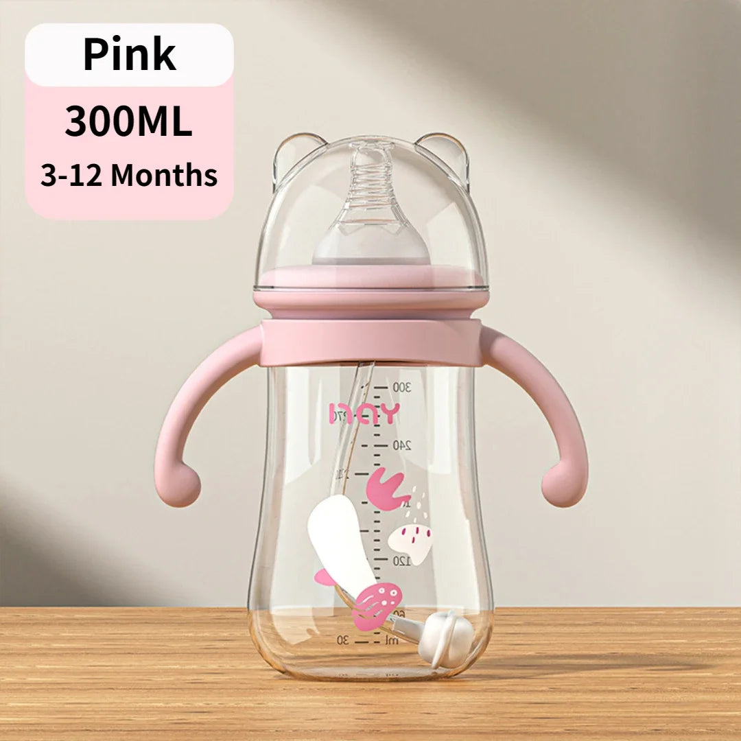 300ML Multi-Purpose Baby Feeding Bottle with Handle – Large Capacity PP Bottle with Silicone Pacifier, BPA-Free, Cartoon Design