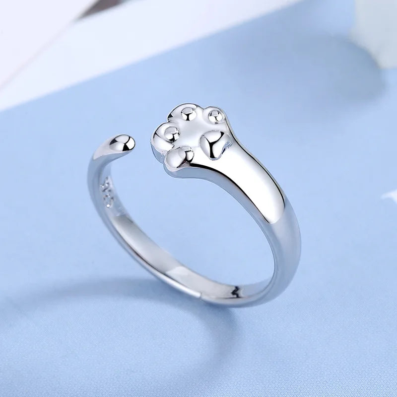 925 Sterling Silver Adjustable Cat Paw Ring for Women – Trendy Animal-Inspired Open Ring for Everyday or Party Wear