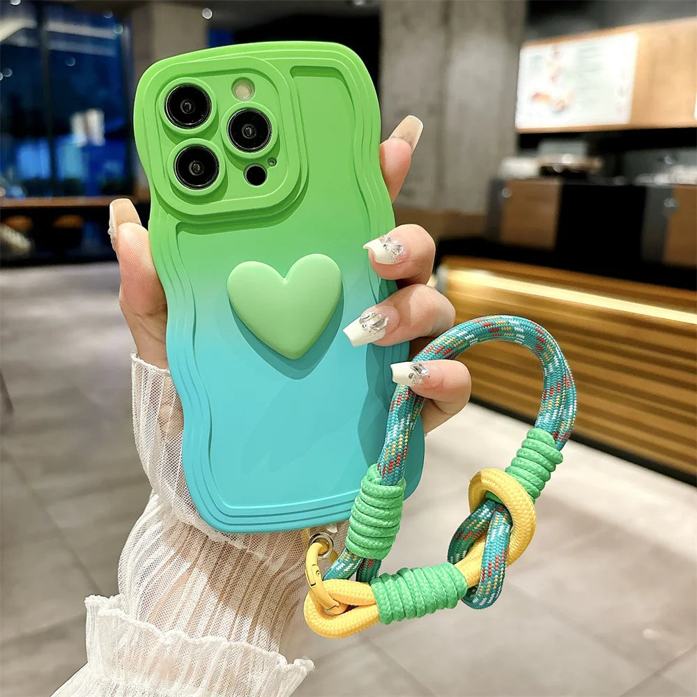 Cartoon Love Heart Gradient Case with Lanyard for iPhone 16/15/14/13/12/11/X/8/7 – Soft Wave Edge Wrist Strap Cover