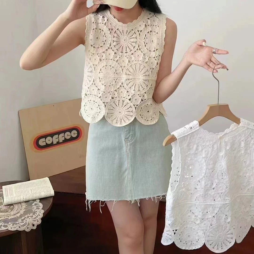 Boho Lace Crochet Crop Top – Sheer Knit Embroidered Tank Blouse for Women, Beachwear Style