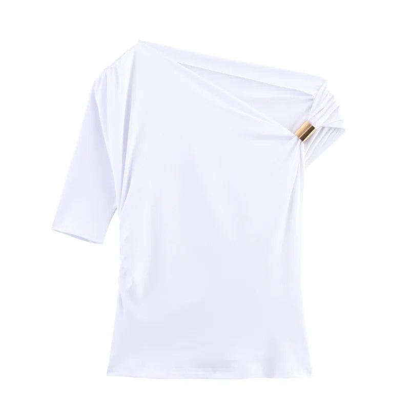 Women's Elegant Asymmetric Off-Shoulder Slim T-Shirt – Sexy Short Sleeve Casual Top for Summer Night Out