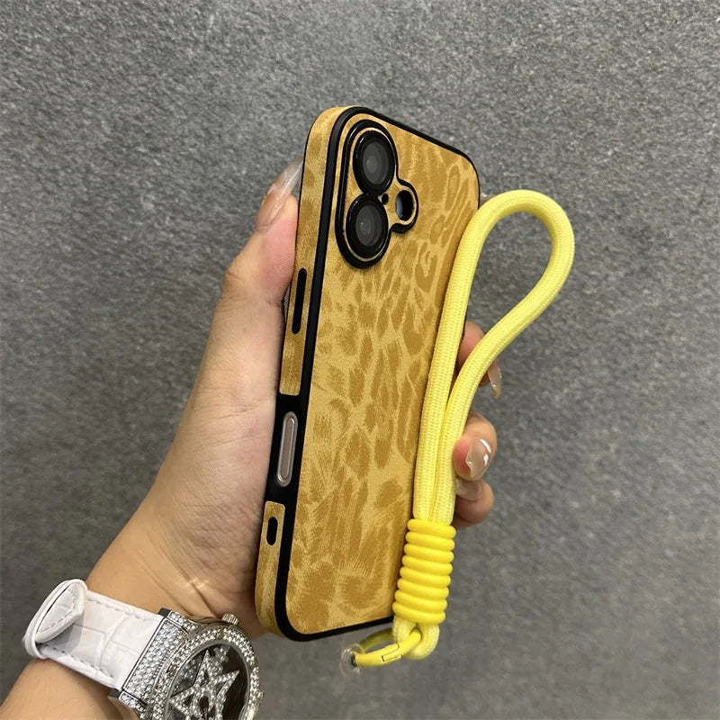 Cartoon Leopard Print Leather Case for iPhone 11/12/13/14/15/16 Series – Matte Cover with Wrist Strap, Lanyard, and Camera Lens Protection