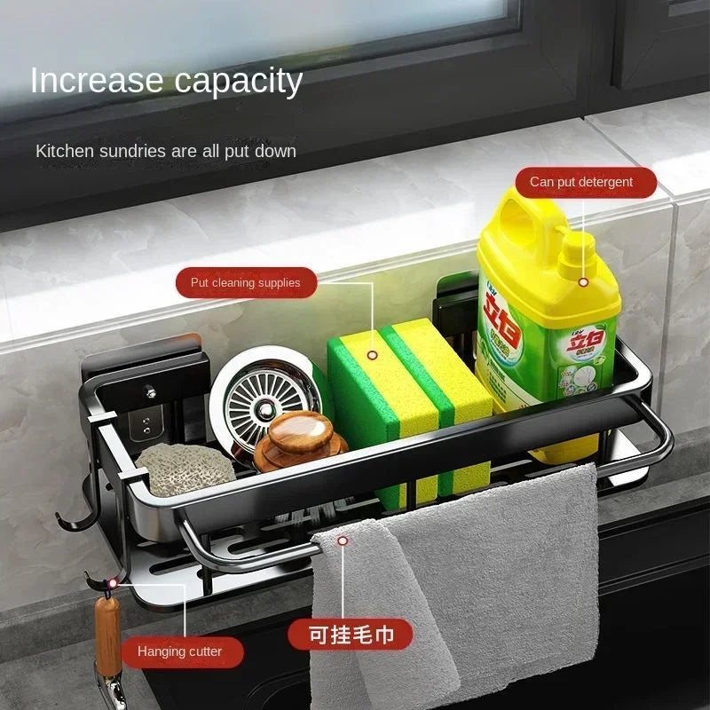 Thickened Aluminum Kitchen Sink Holder – Space-Saving Storage Rack for Towels, Sponges & Drainage