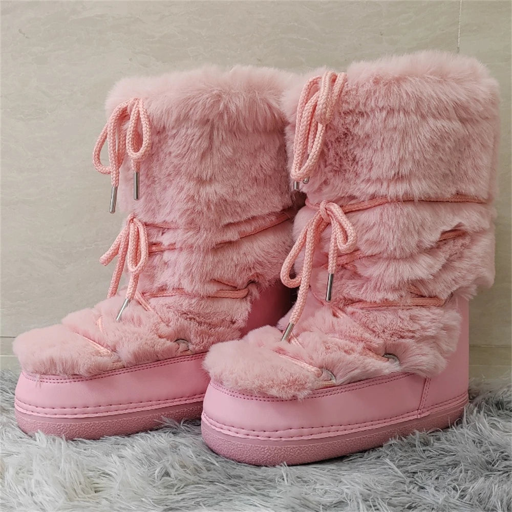 Women's Mid-Calf Snow Boots with Faux Rabbit Fur – Waterproof Winter Platform Ski Boots