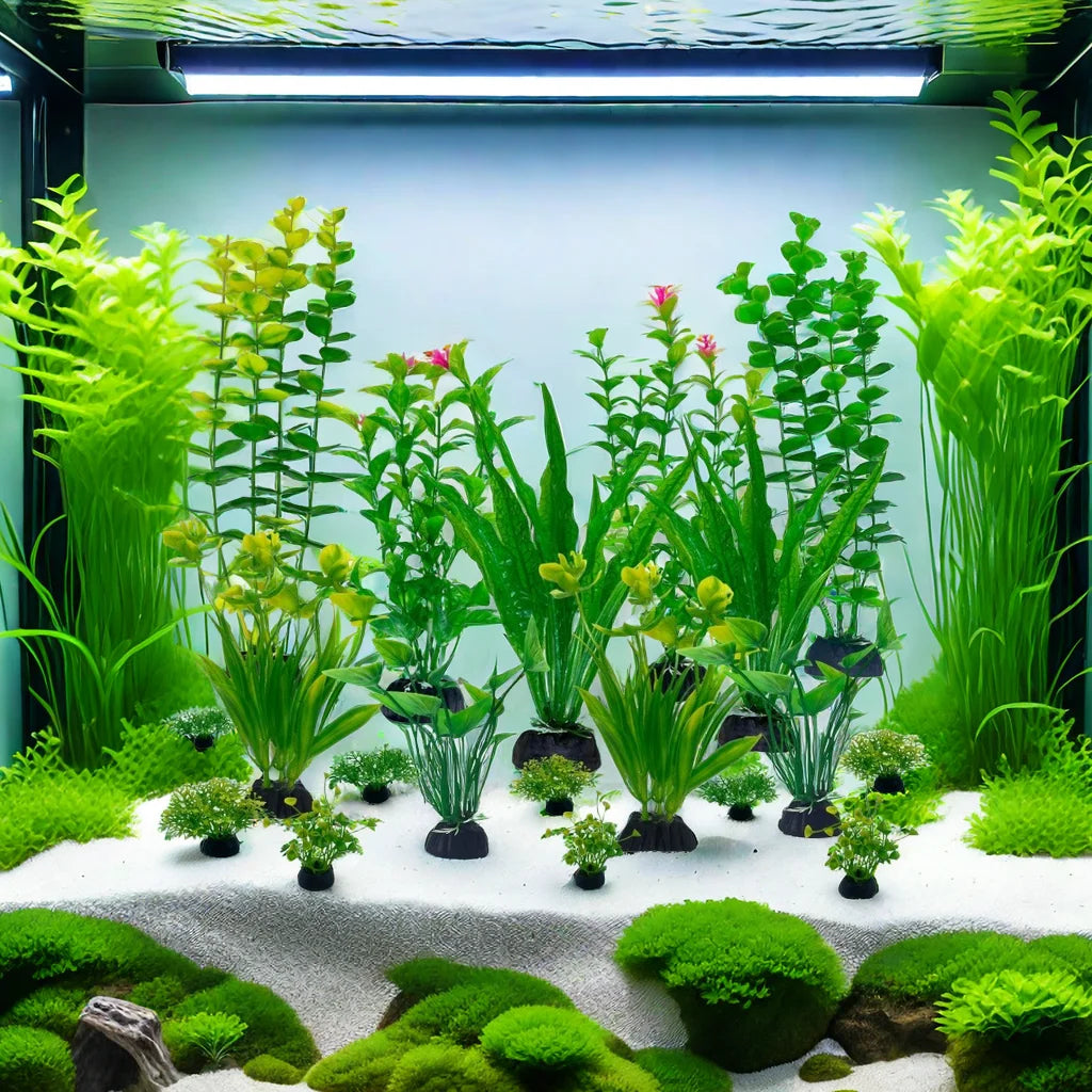 24-Piece Artificial Aquarium Plants Set – Decorative Water Weeds and Grass Blocking Rings for Fish Tank Aquascaping