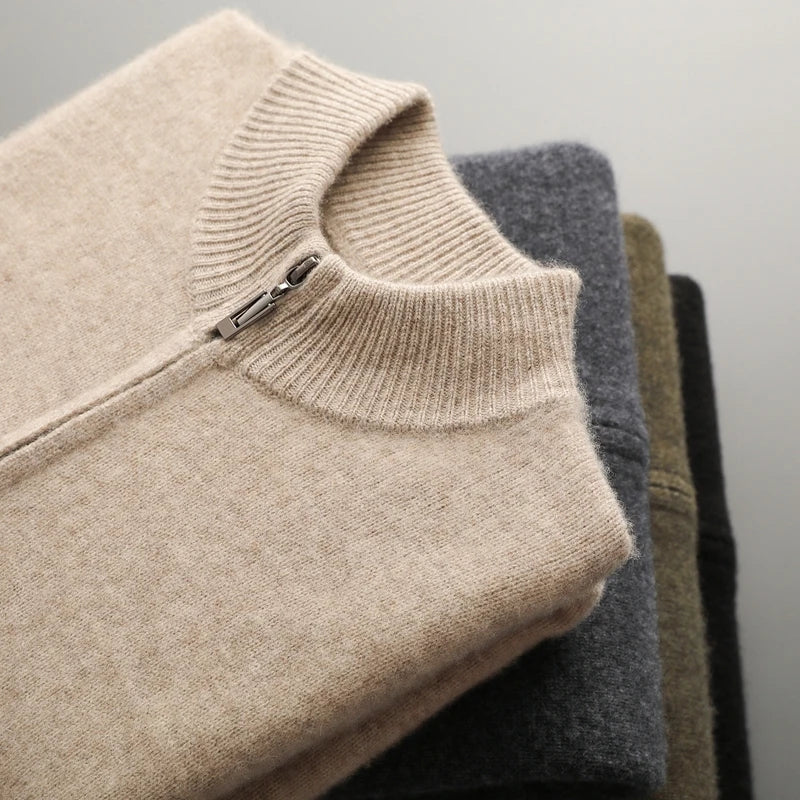100% Merino Wool Men’s Zip Cardigan – Thick Warm Knitted Sweater with Mock Collar, Long Sleeve Casual Wool Top for Autumn & Winter
