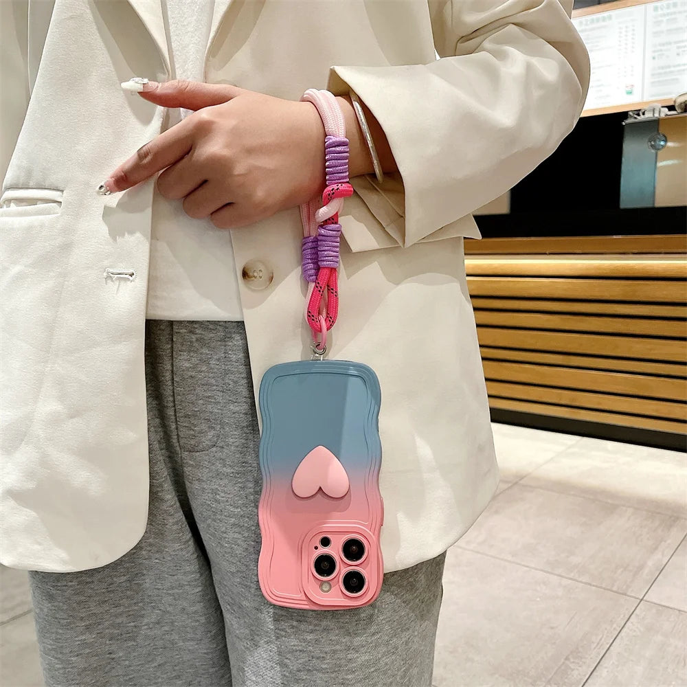 Cartoon Love Heart Gradient Case with Lanyard for iPhone 16/15/14/13/12/11/X/8/7 – Soft Wave Edge Wrist Strap Cover