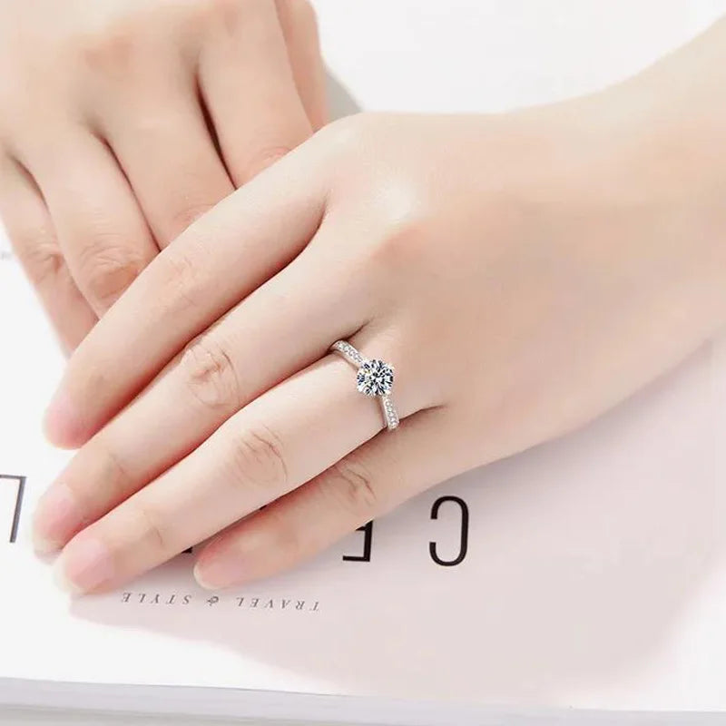 Adjustable Zircon Engagement Ring – 925 Sterling Silver Classic Wedding Band for Women