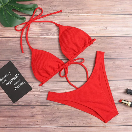 Sexy Low-Waist Push-Up Bikini Set for Women – Wire-Free Solid Color Swimwear with Padded Top