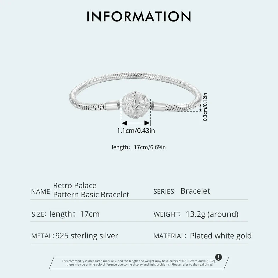 Sterling Silver Snake Chain Charm Bracelet with Retro Clasp – Adjustable 17–19cm Gift for Women