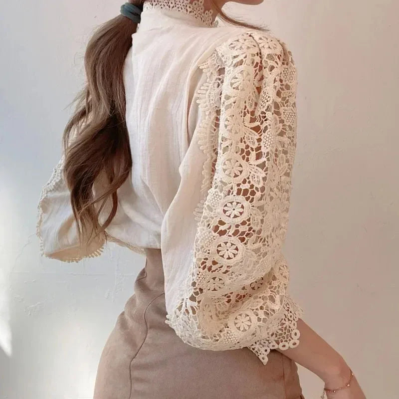 Vintage Lace Hollow Floral Blouse – Stand Collar Button-Up Long Sleeve Shirt for Women