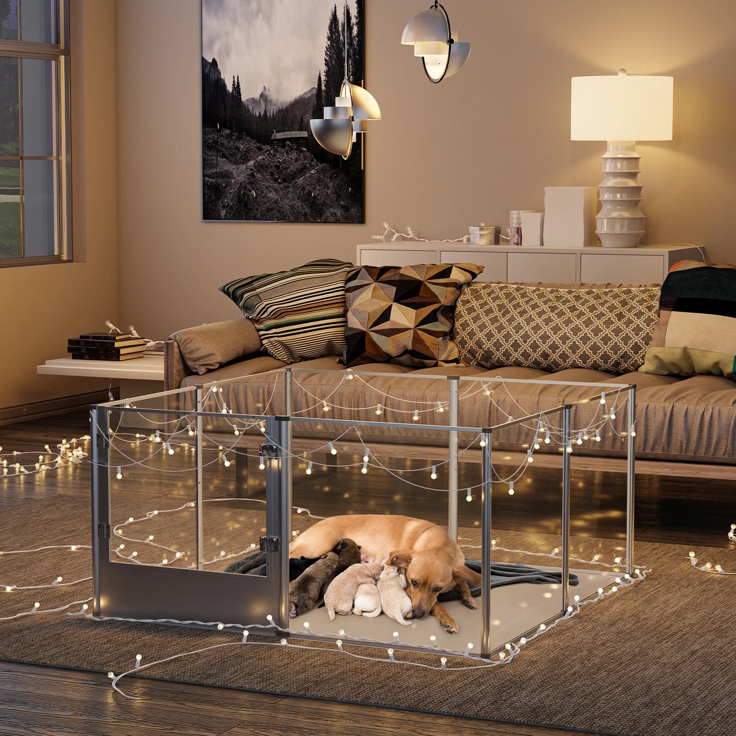 Acrylic Dog Playpen with Door & Waterproof Whelping Pad – 8 Panel Transparent Pet Fence for Puppies, Cats & Small Animals
