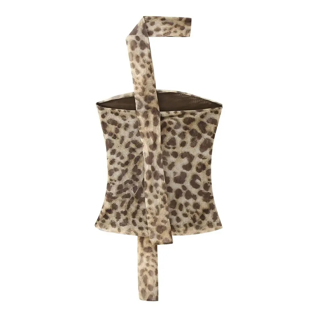 Women's Strapless Leopard Print Pleated Mesh Halter Top – Backless Slim Fit Cropped Summer Blouse