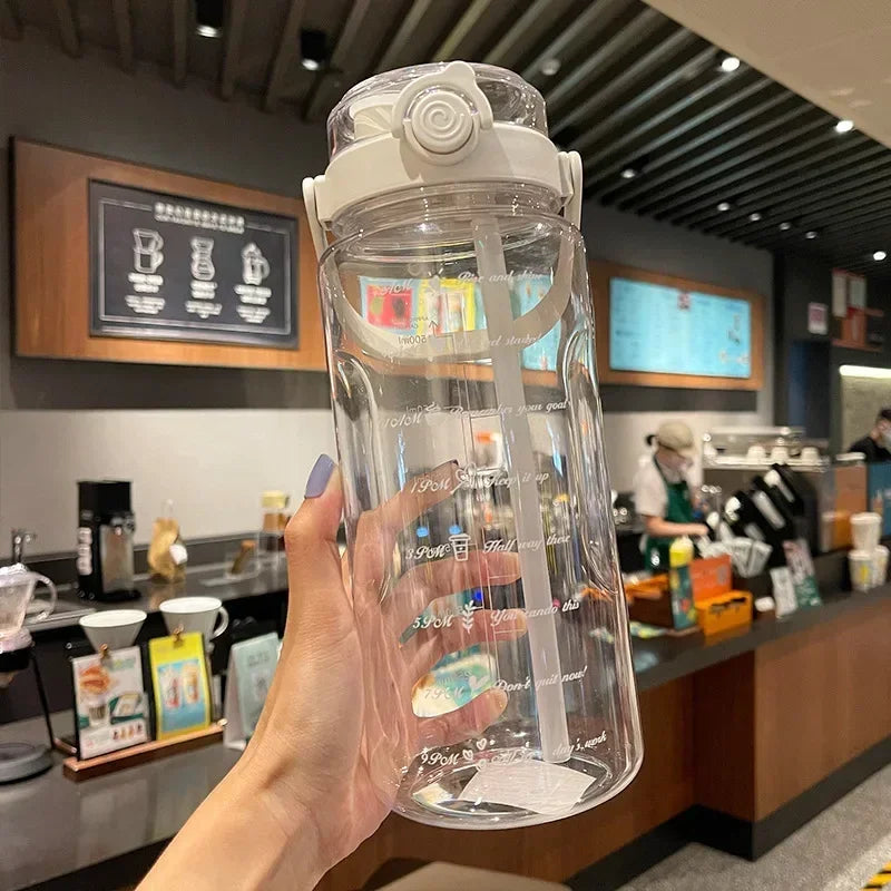 1.5L/2L Large Capacity Sports Water Bottle with Straw – Time Marker Plastic Travel Cup for Cold Juice & Hydration