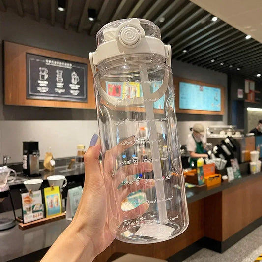 1.5L/2L Large Capacity Sports Water Bottle with Straw – Time Marker Plastic Travel Cup for Cold Juice & Hydration