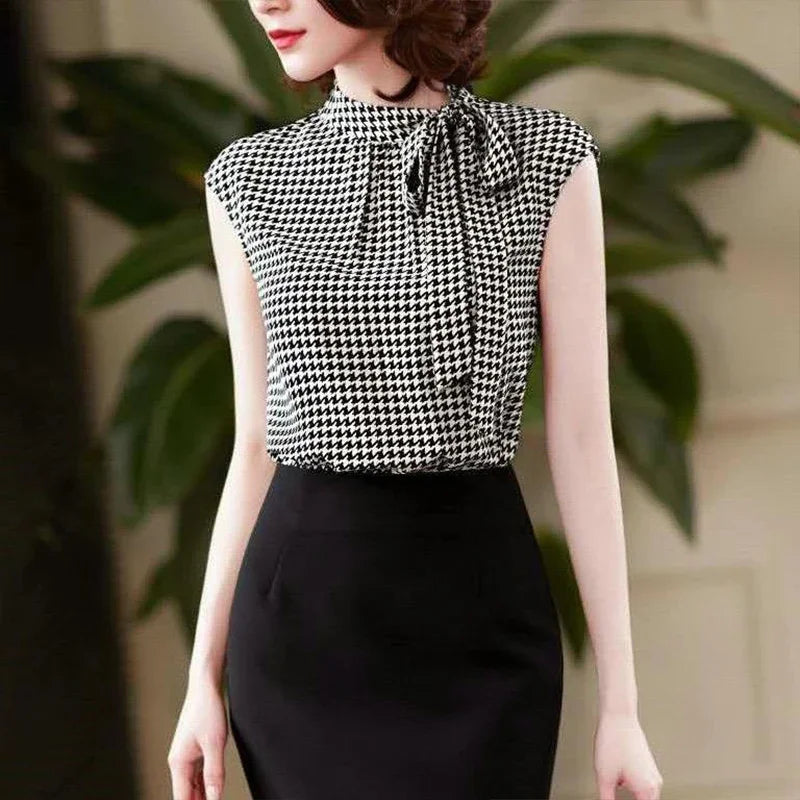 Women's Summer Sleeveless Chiffon Blouse – Korean Houndstooth Print with Bow Lacing and Stand Collar