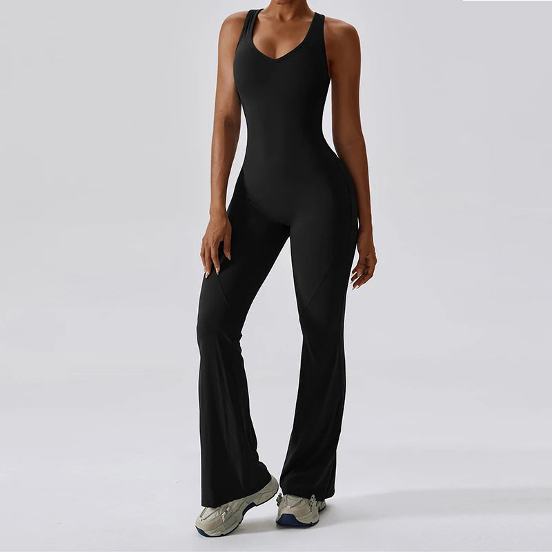 V-Back Scrunch Jumpsuit for Women – Stretchy Sleeveless Sports Romper for Yoga, Gym & Outdoor Workouts