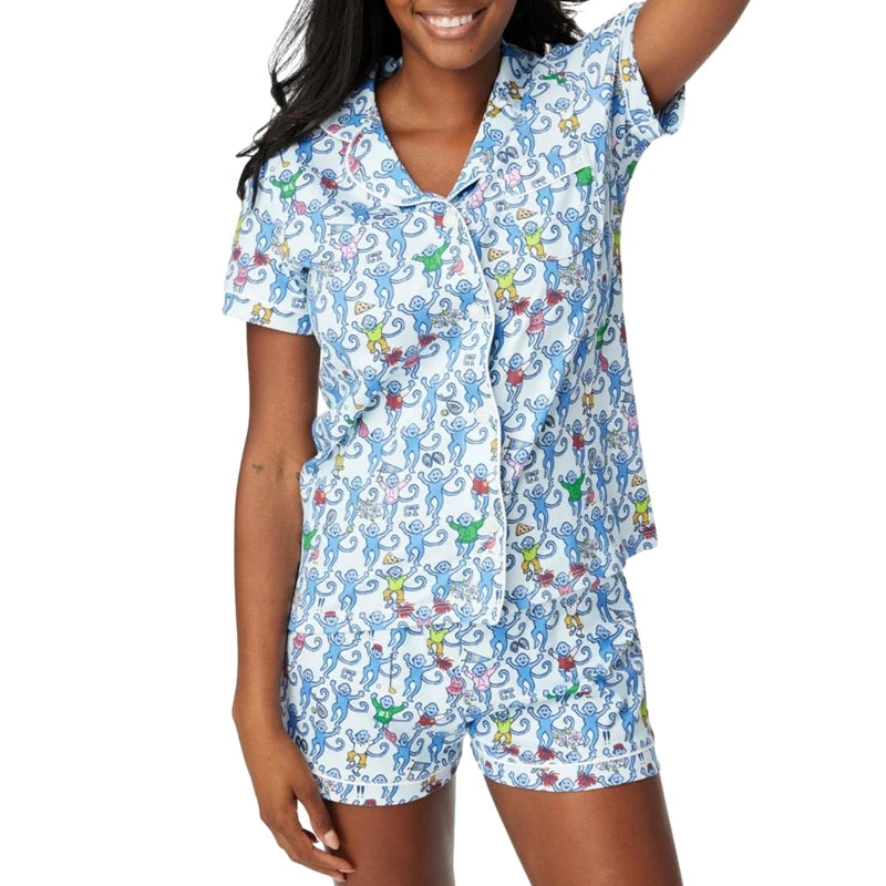 Women's Kawaii Cartoon Print Pajama Set – Y2K Short Sleeve Button-Up Shirt and Shorts Sleepwear for Summer Loungewear