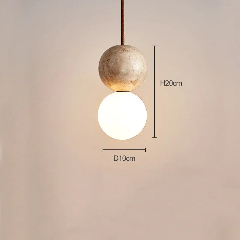 Stone Cream LED Pendant Light – Retro Round Ball Hanging Chandelier for Bedroom, Bedside, Bar, or Dining Table – Modern Long-Line Luminaire