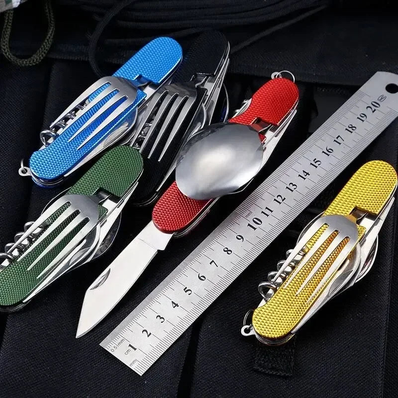 6-in-1 Foldable Camping Utensil Set – Stainless Steel Knife, Fork & Spoon Combo with Bottle Opener for Outdoor, Travel, and Picnic Use