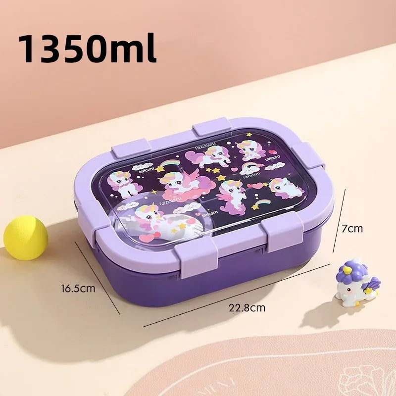 Cartoon Compartment Lunch Box for Kids – Leakproof Bento with Soup Bowl and Utensils, Microwave-Safe Meal Storage