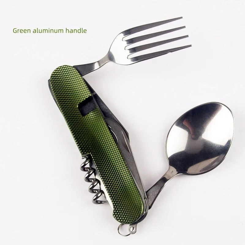 6-in-1 Foldable Camping Utensil Set – Stainless Steel Knife, Fork & Spoon Combo with Bottle Opener for Outdoor, Travel, and Picnic Use