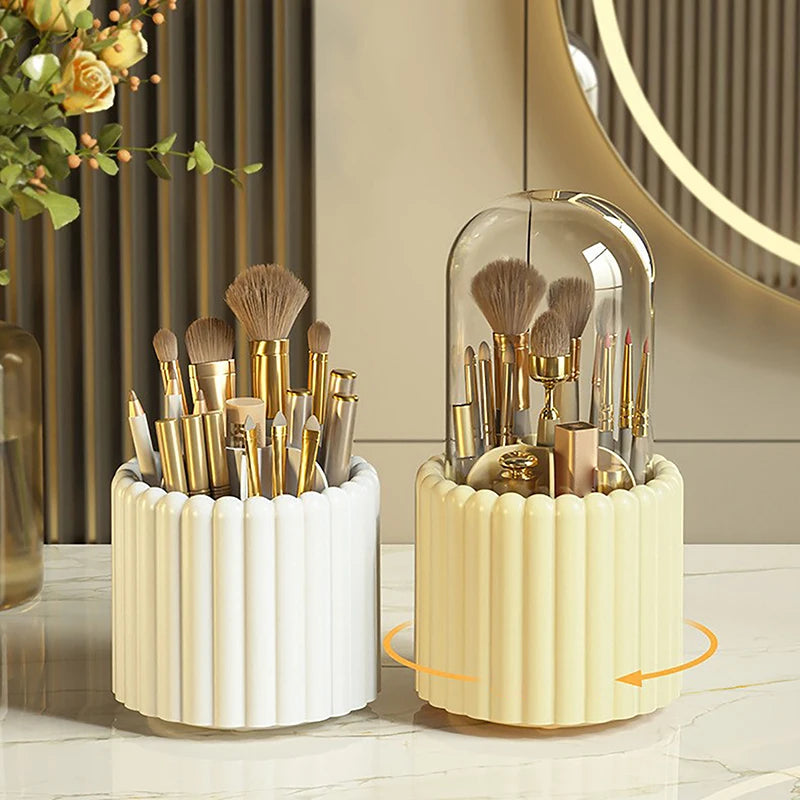 360° Rotating Makeup Brush Holder with Lid – Dustproof Lipstick & Cosmetic Organizer Storage Box
