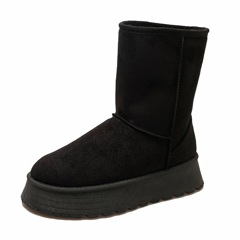 Winter Thick-Soled Mid-Calf Snow Boots with Fleece Lining – Slip-On Round Toe Cotton Shoes