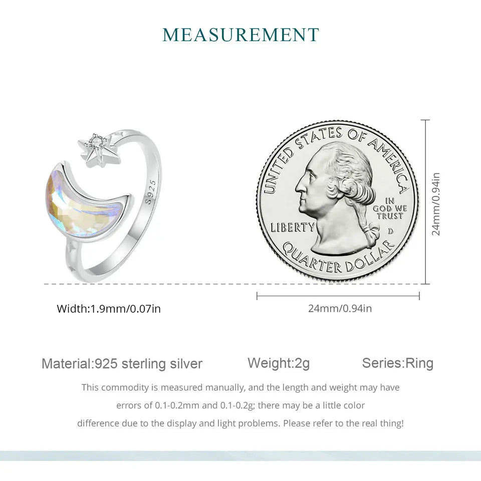 Sterling Silver Adjustable Moon and Star Ring – 925 Silver Cocktail Jewelry for Women